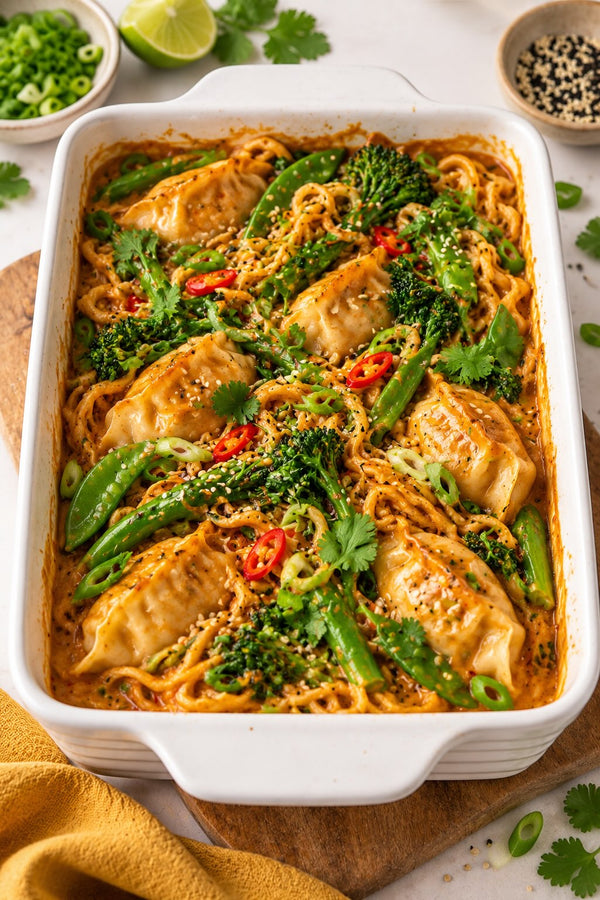 One-Pan Nut-Free Satay Noodle & Dumpling Bake