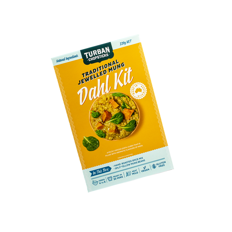 Turban Chopsticks Traditional Jewelled Mung Dahl Kit in a yellow and white box, featuring a bowl of prepared mung bean dish on the front.