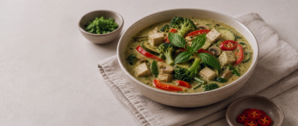 A ceramic bowl filled with a green curry soup containing tofu, broccoli, basil, and red chili slices, styled on a beige cloth with small side bowls of herbs and sliced red chilies.